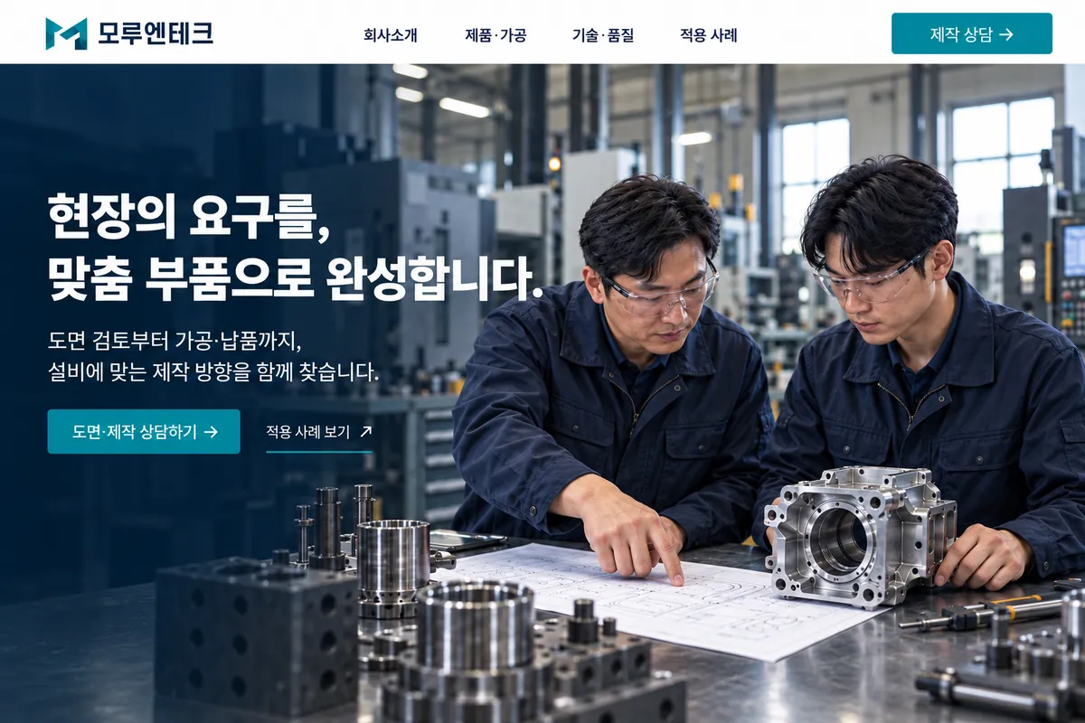 도면을 함께 검토하는 현장 모습으로 맞춤 제작과 적용 사례를 보여주는 홈페이지 표현 예시