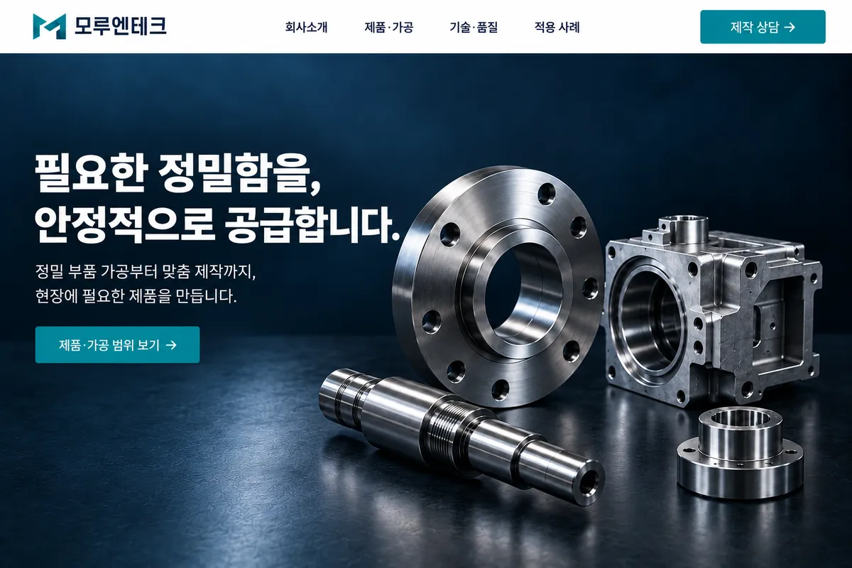 정밀 가공 부품을 앞세워 제품과 가공 범위를 먼저 보여주는 홈페이지 표현 예시