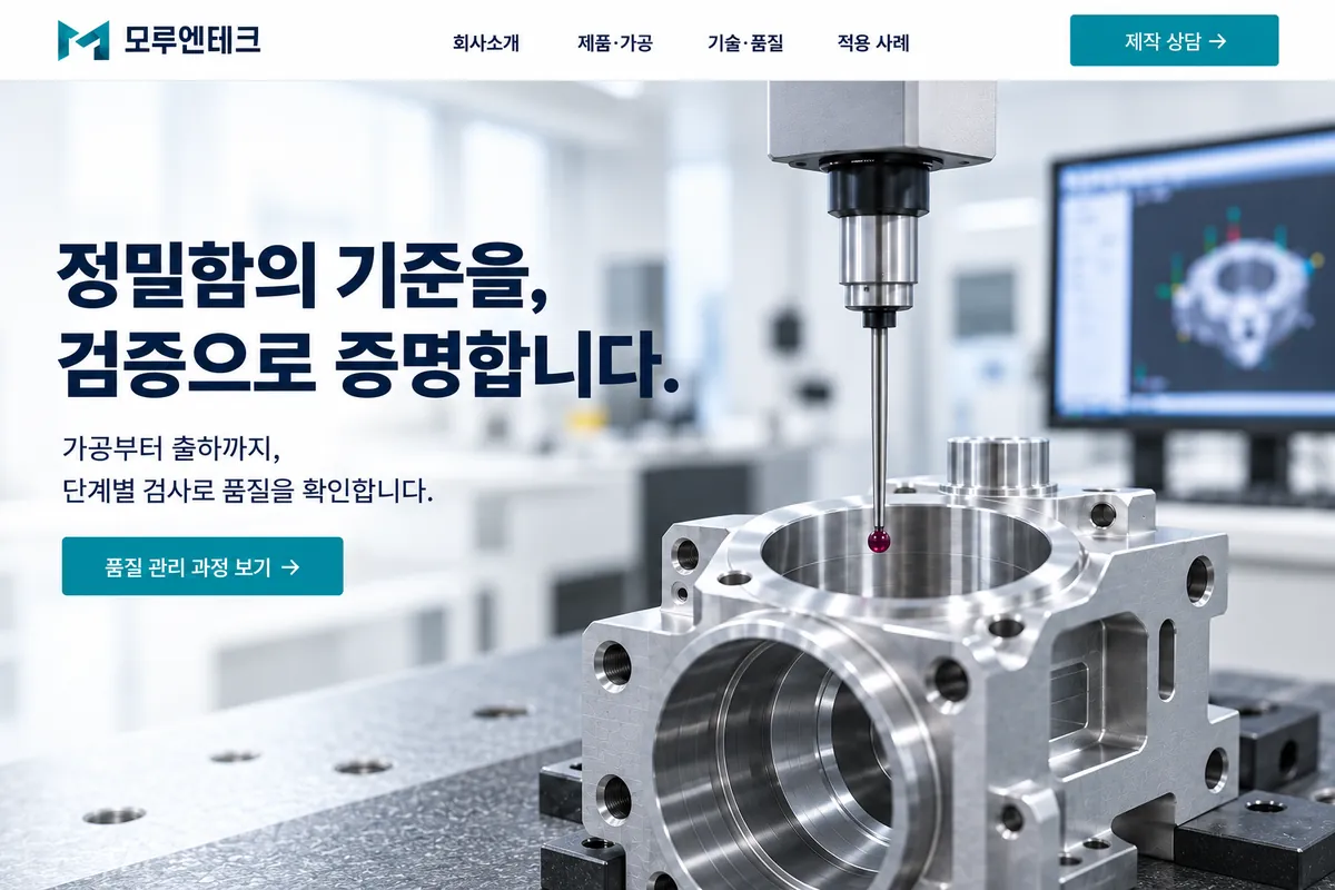 삼차원 측정기로 부품을 검사하는 장면으로 품질 관리를 먼저 보여주는 홈페이지 표현 예시