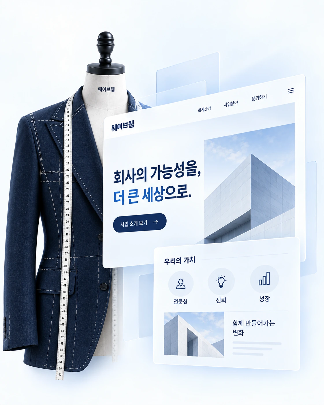 맞춤 정장 앞에 회사의 가능성을 더 큰 세상으로 전하는 한글 홈페이지와 가치 소개 화면을 배치한 맞춤 설계 표현